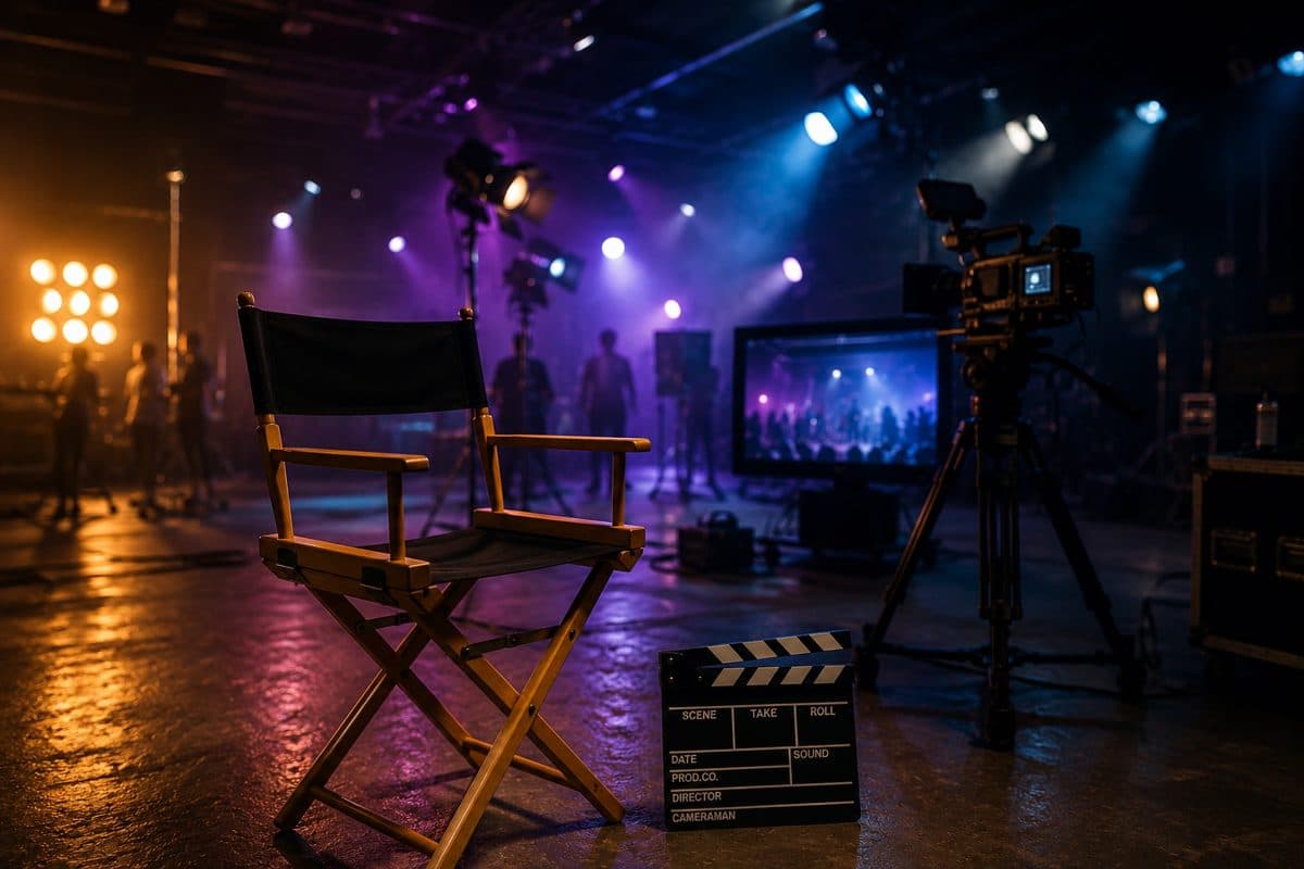 Plateau de tournage : fauteuil de réalisateur, caméra et clap